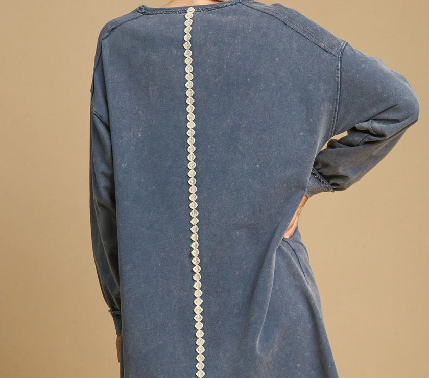 Umgee Peace Lace Applique Frayed Hem French Terry Mini Dress