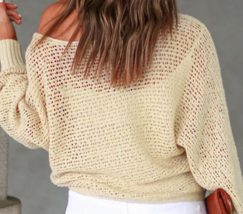 Openwork Boat Neck Raglan Sleeve Knit Top