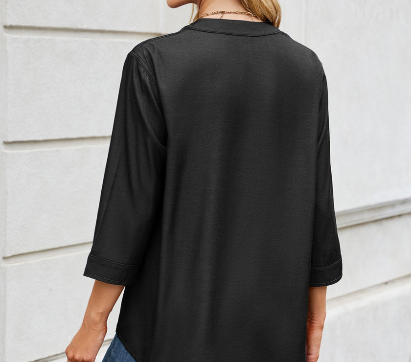 Notched Three-Quarter Sleeve Denim Top