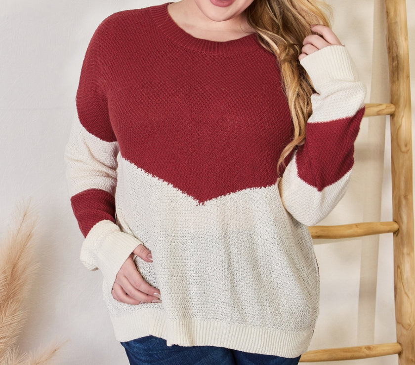 Hailey & Co Full Size Color Block Dropped Shoulder Knit Top