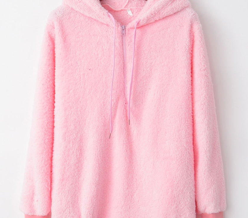 Full Size Quarter-Zip Drawstring Teddy Hoodie