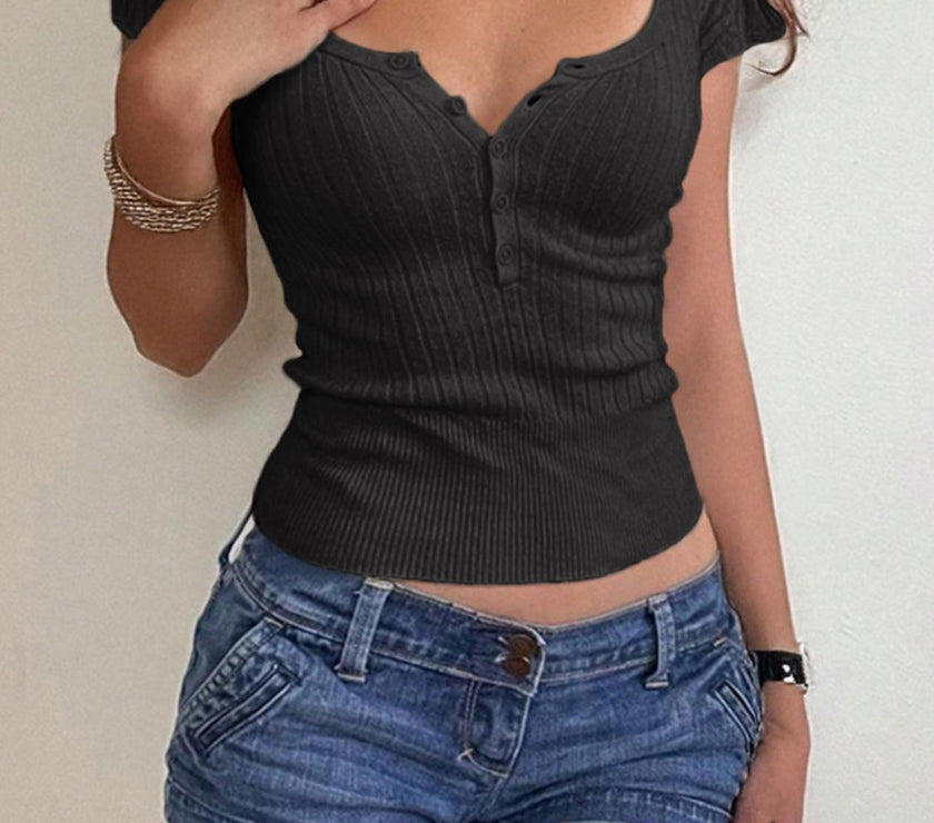 Half Button Scoop Neck Short Sleeve Knit Top