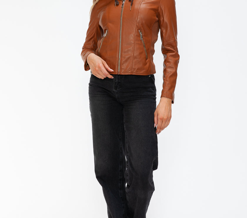 Snobbish Faux Leather Zip Up Drawstring Hooded Jacket