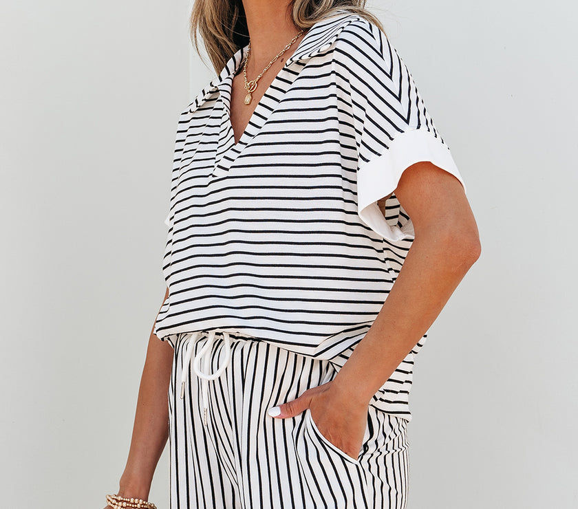Black Stripe V Neck Tee and Casual Short Set