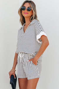 Black Stripe V Neck Tee and Casual Short Set