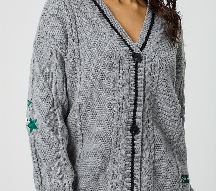 Star Embroidered V-Neck Long Sleeve Cardigan
