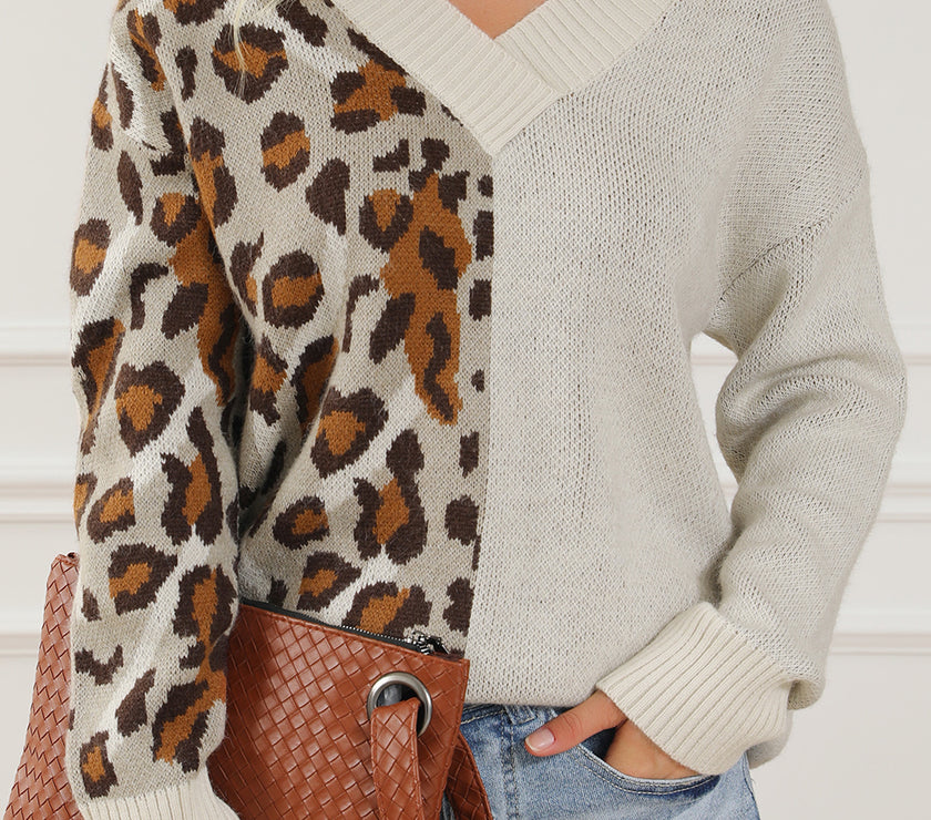 Leopard V Neck Drop Shoulder Sweater