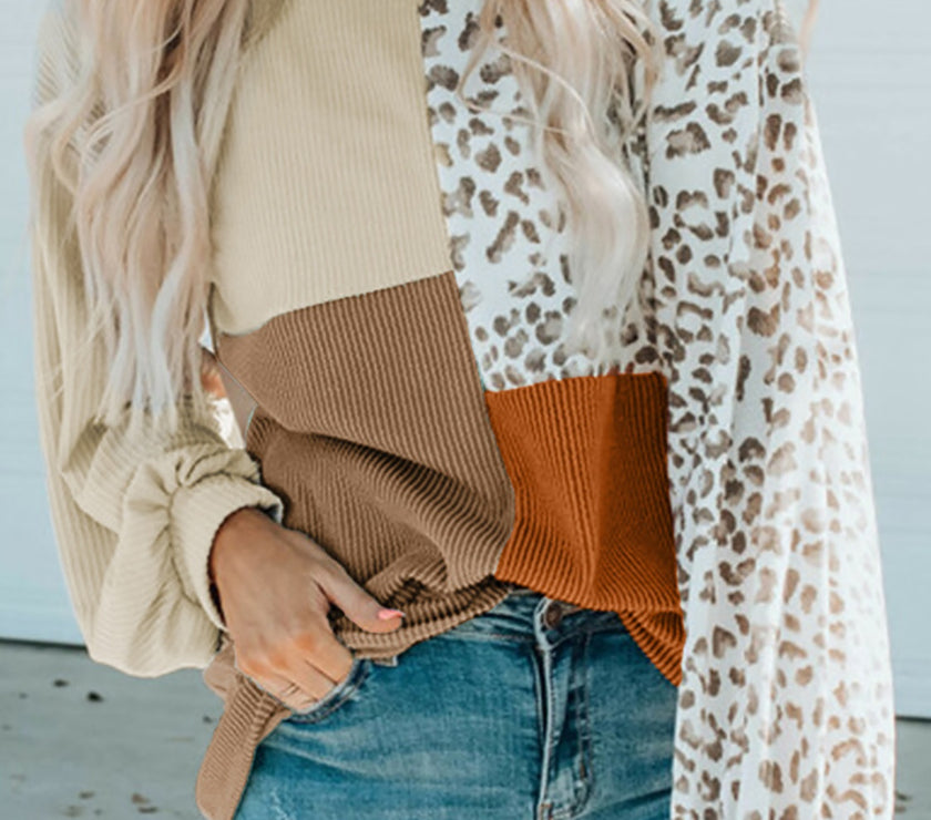Color Block Leopard Round Neck Sweatshirt