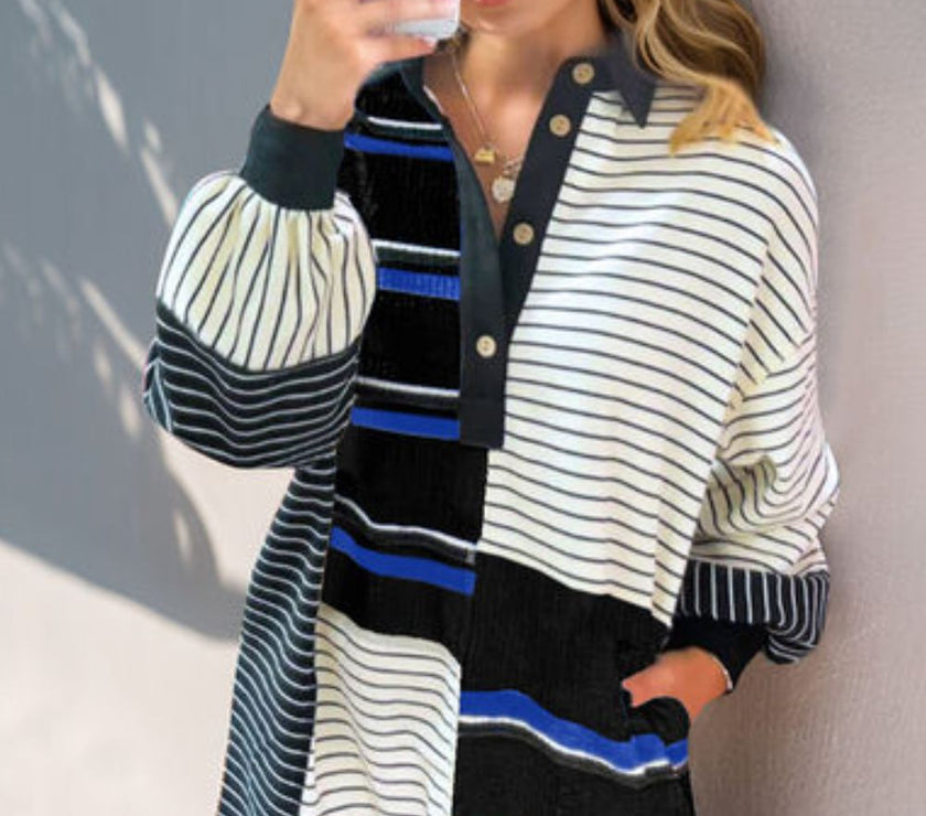 Oh Full Size Striped Half Button Long Sleeve Mini Dress