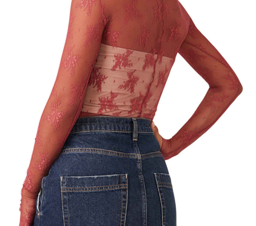 Lace Mock Neck Long Sleeve Blouse