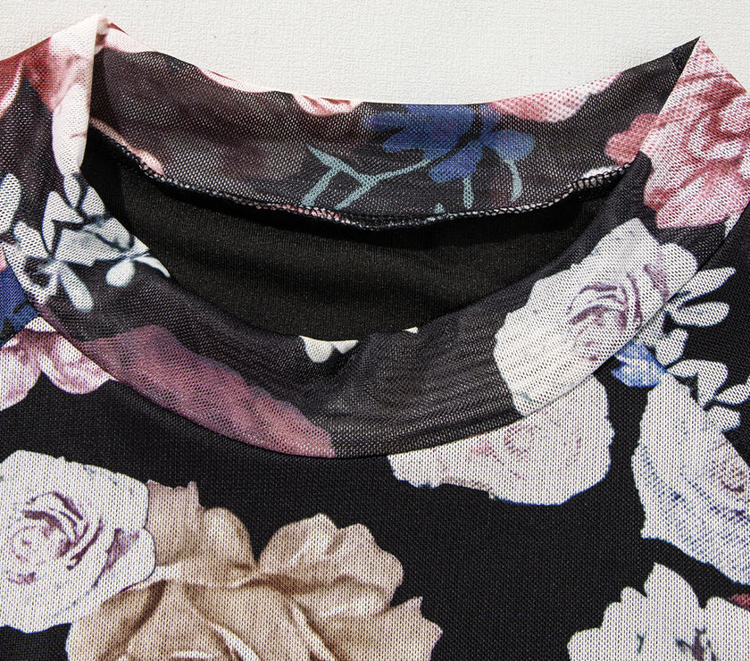 Floral Mock Neck Long Sleeve Mesh Top