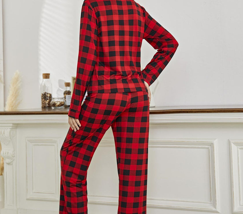 Plaid Collared Neck Long Sleeve Top and Pants Lounge Set