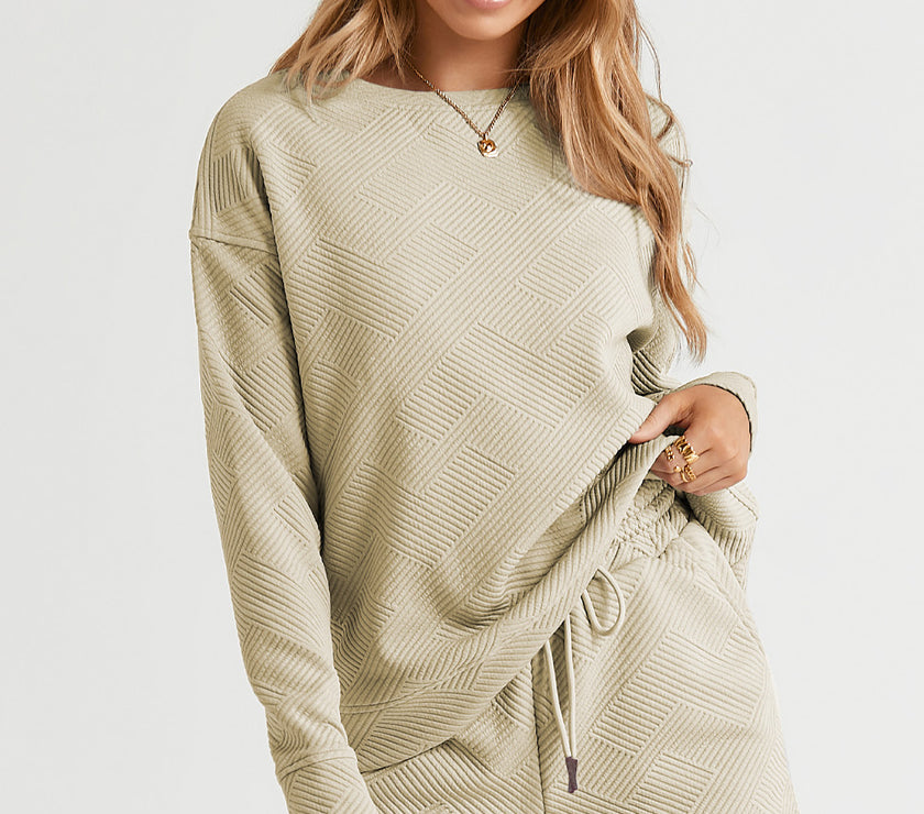 Double Take Full Size Texture Long Sleeve Top and Drawstring Shorts Set