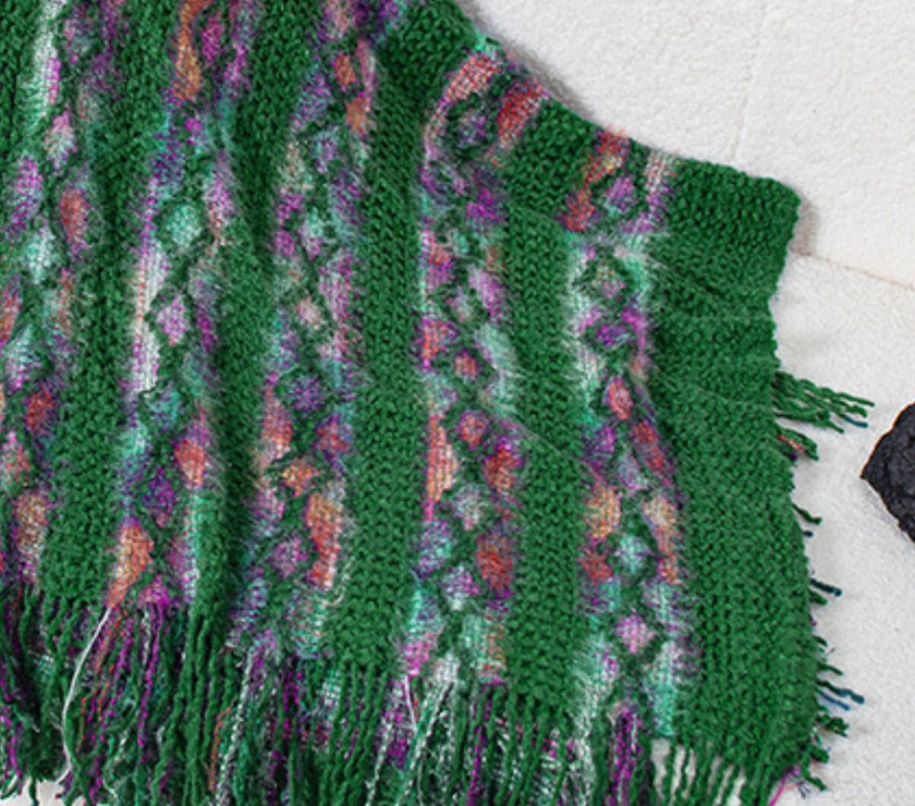 Fringe Contrast Hooded Poncho