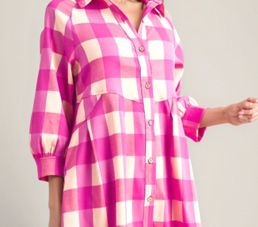 Ruched Plaid Three-Quarter Sleeve Shirt Dress