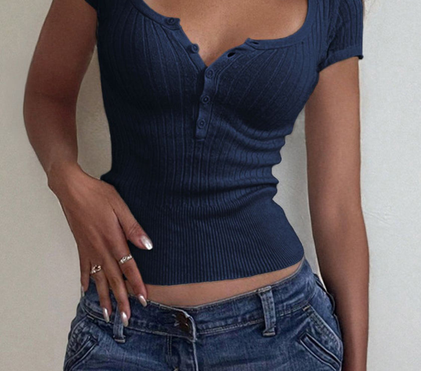 Half Button Scoop Neck Short Sleeve Knit Top