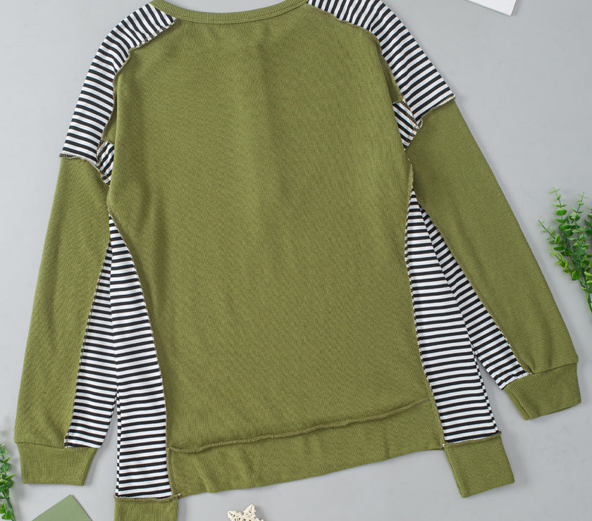 Striped Exposed Seam Half Button Sweatshirt