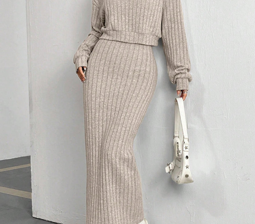 Ribbed Cropped Hooded Top and V-Neck Tank Dress Set