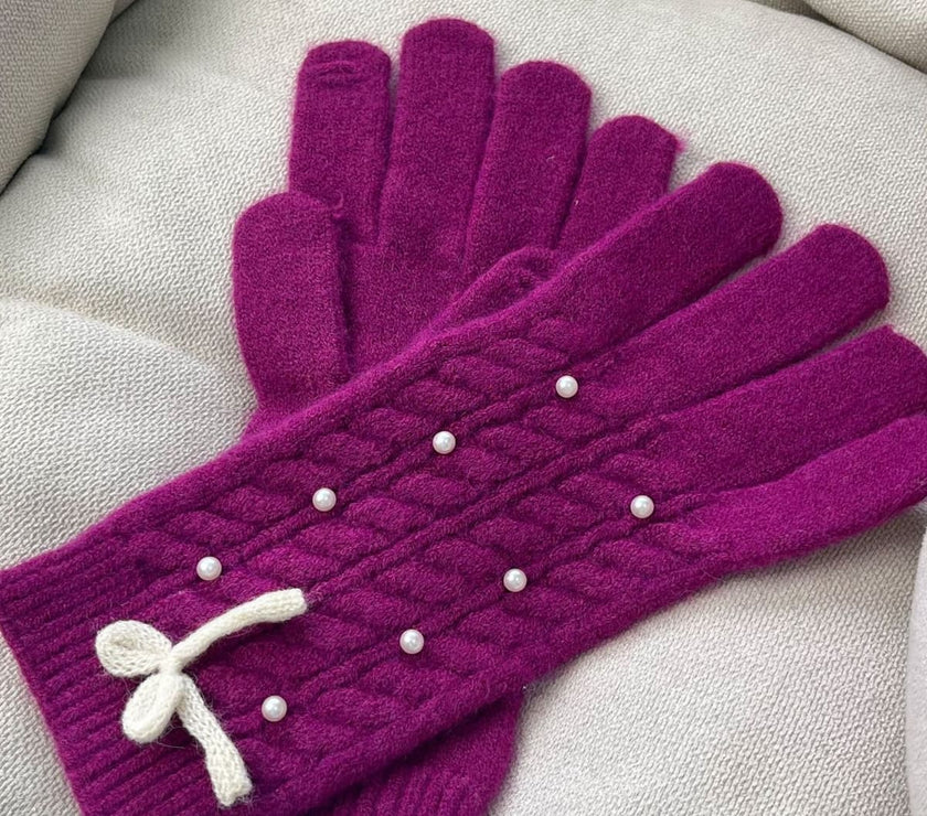 Thermal Pearl Detail Bow Five-Finger Gloves