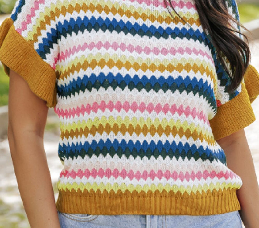 Contrast Round Neck Short Sleeve Sweater