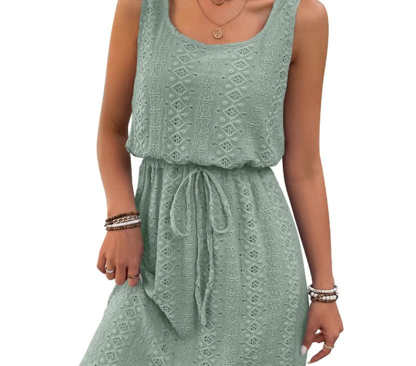 Eyelet Drawstring Round Neck Sleeveless Dress