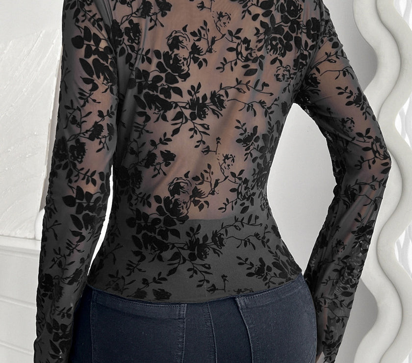 Floral V-Neck Long Sleeve Lace Top