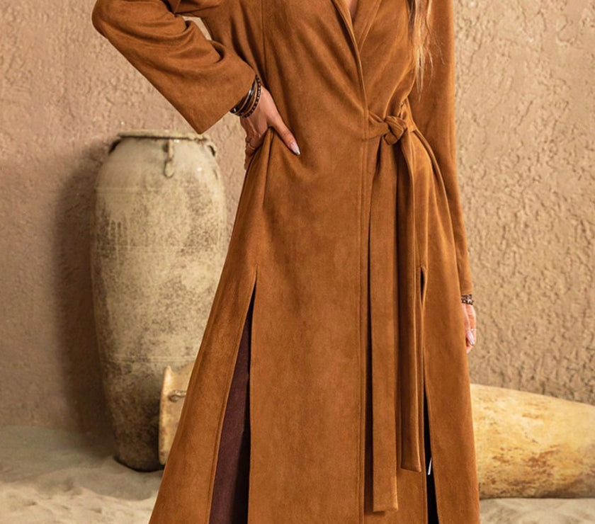 Slit Tied Collared Neck Longline Coat