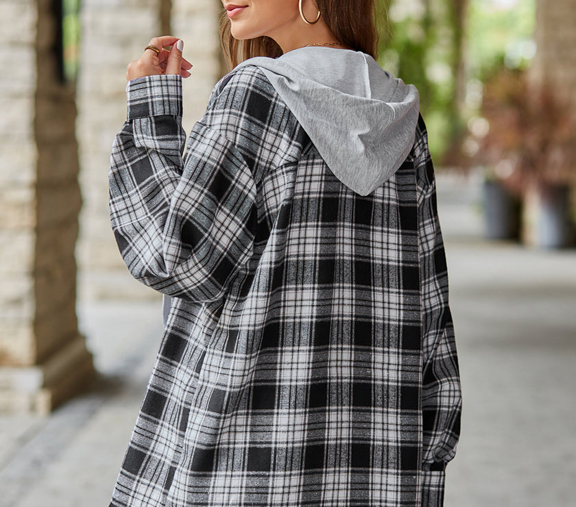 Mandy Plaid Long Sleeve Hooded Jacket