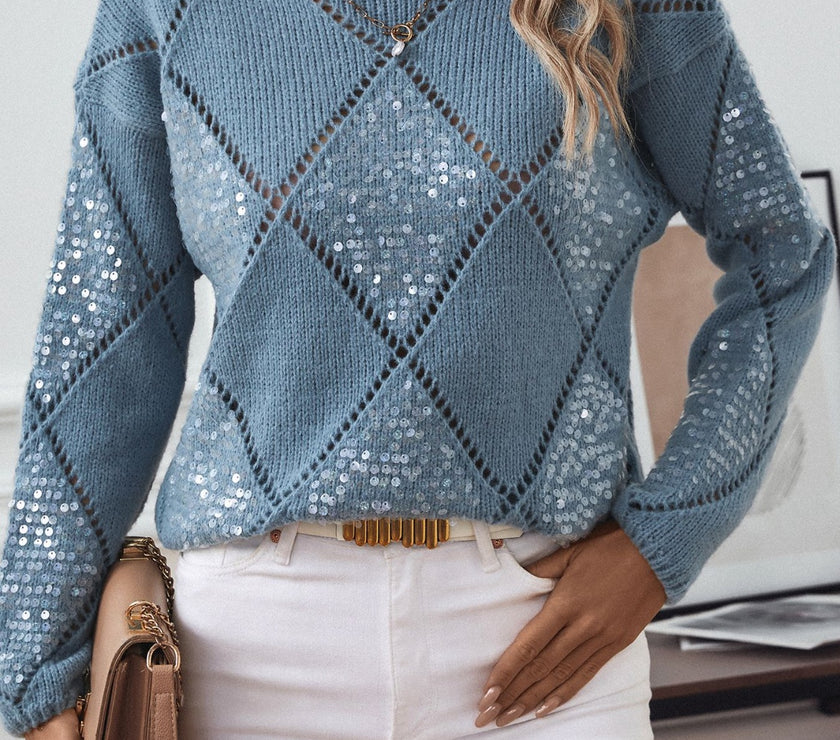 Openwork Round Neck Long Sleeve Knit Top