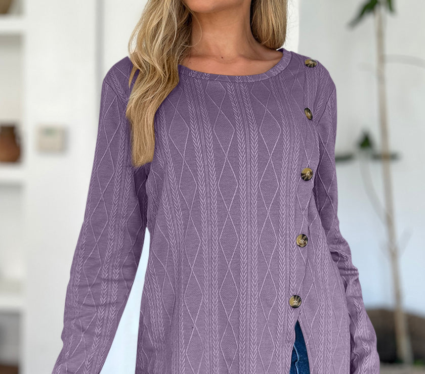 FAM-FAM Slit Round Neck Long Sleeve T-Shirt