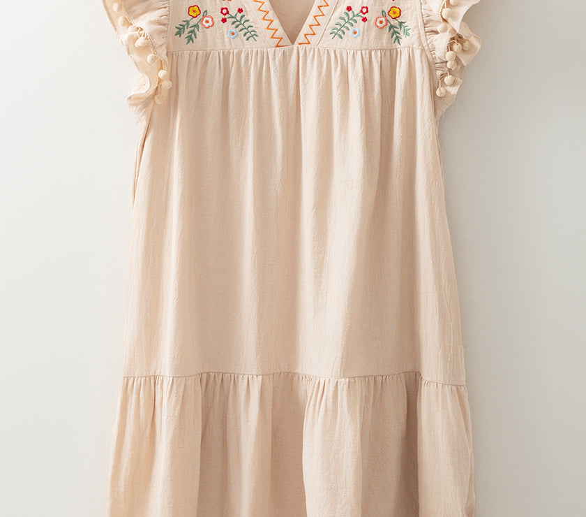 Jet Stream Linen Embroidery Split Neck Pom Pom Ruffle Sleeves Flowy Short Dress
