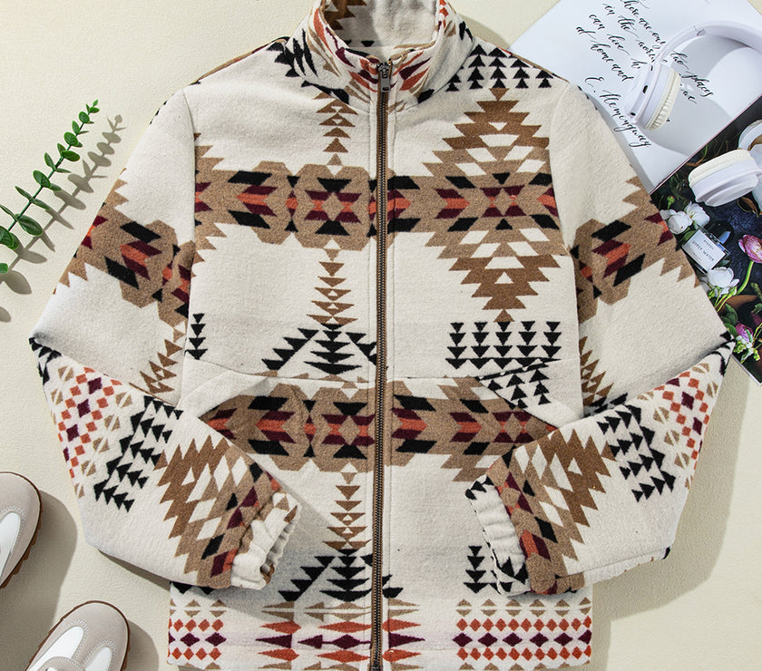 Beige Aztec Printed Stand Neck Zip Up Jacket