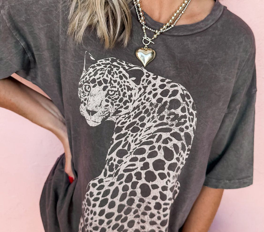 Cheetah Mineral Wash Round Neck Half Sleeve T-Shirt