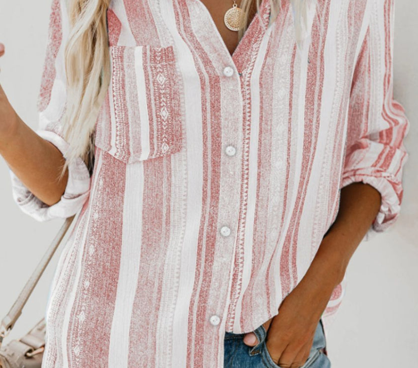 Striped Collared Neck Long Sleeve Shirt