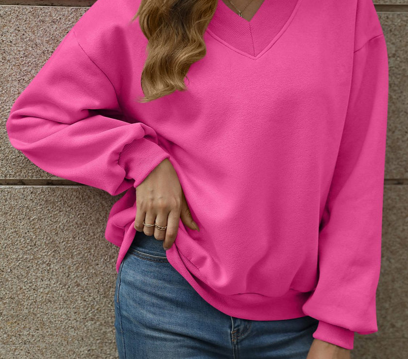 V-Neck Long Sleeve Dropped Shoulder Sweatshirt