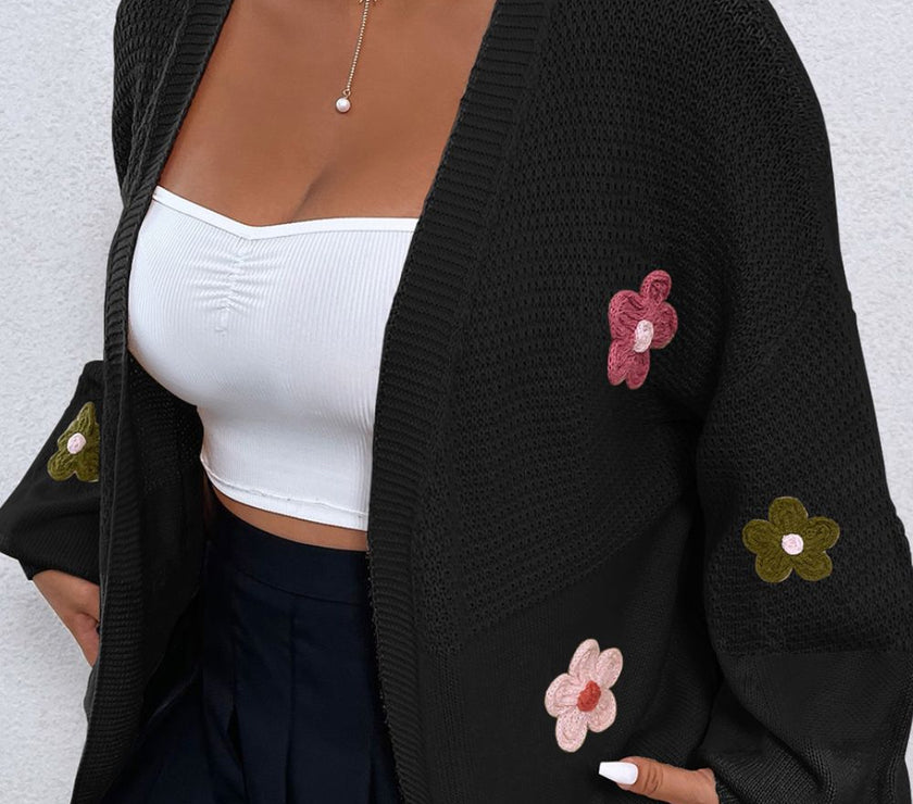 Floral Applique Drop Shoulder Open Front Cardigan