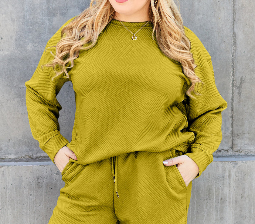 Double Take Full Size Texture Long Sleeve Top and Drawstring Shorts Set