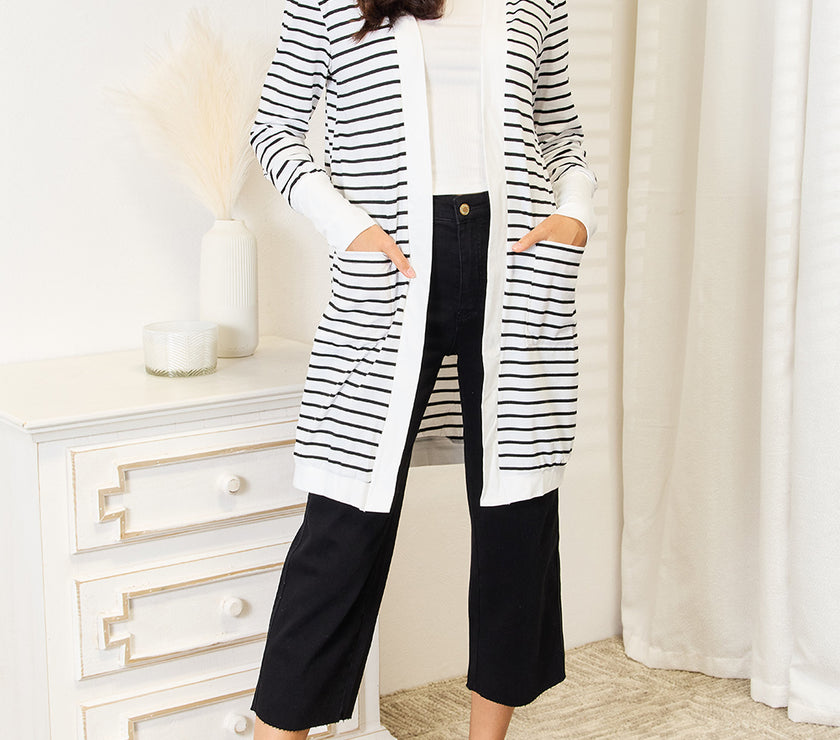 Double Take Striped Open Front Longline Cardigan