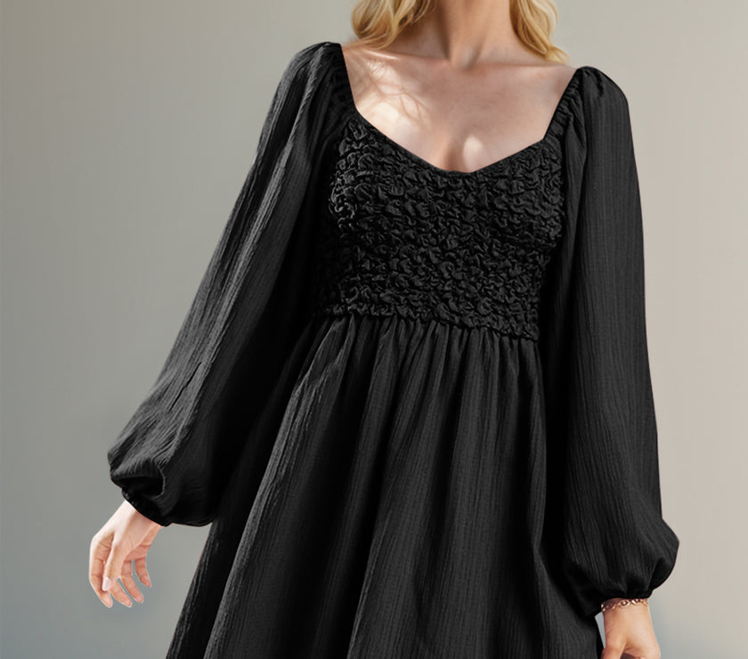 Double Take Texture Smocked Balloon Sleeve Mini Dress