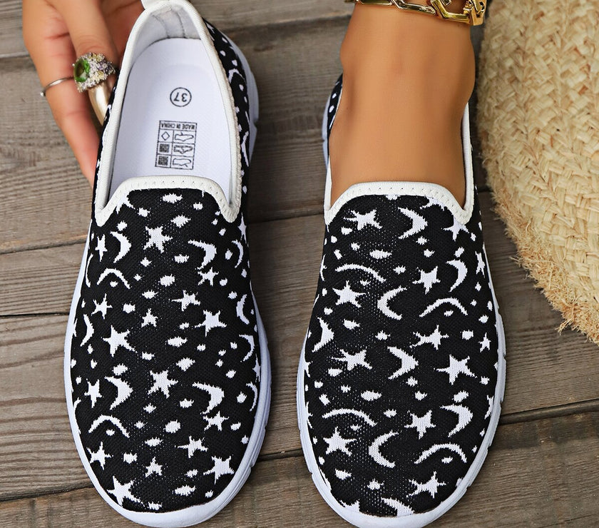 Star & Moon Pattern Flat Loafers