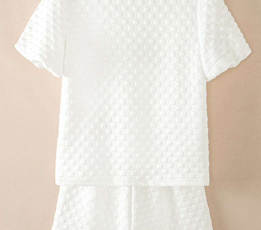 White Solid Color Checkered Texture Short 2pcs Outfit