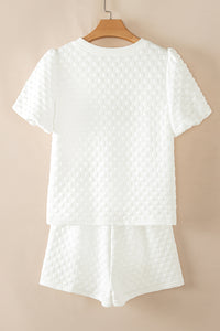 White Solid Color Checkered Texture Short 2pcs Outfit