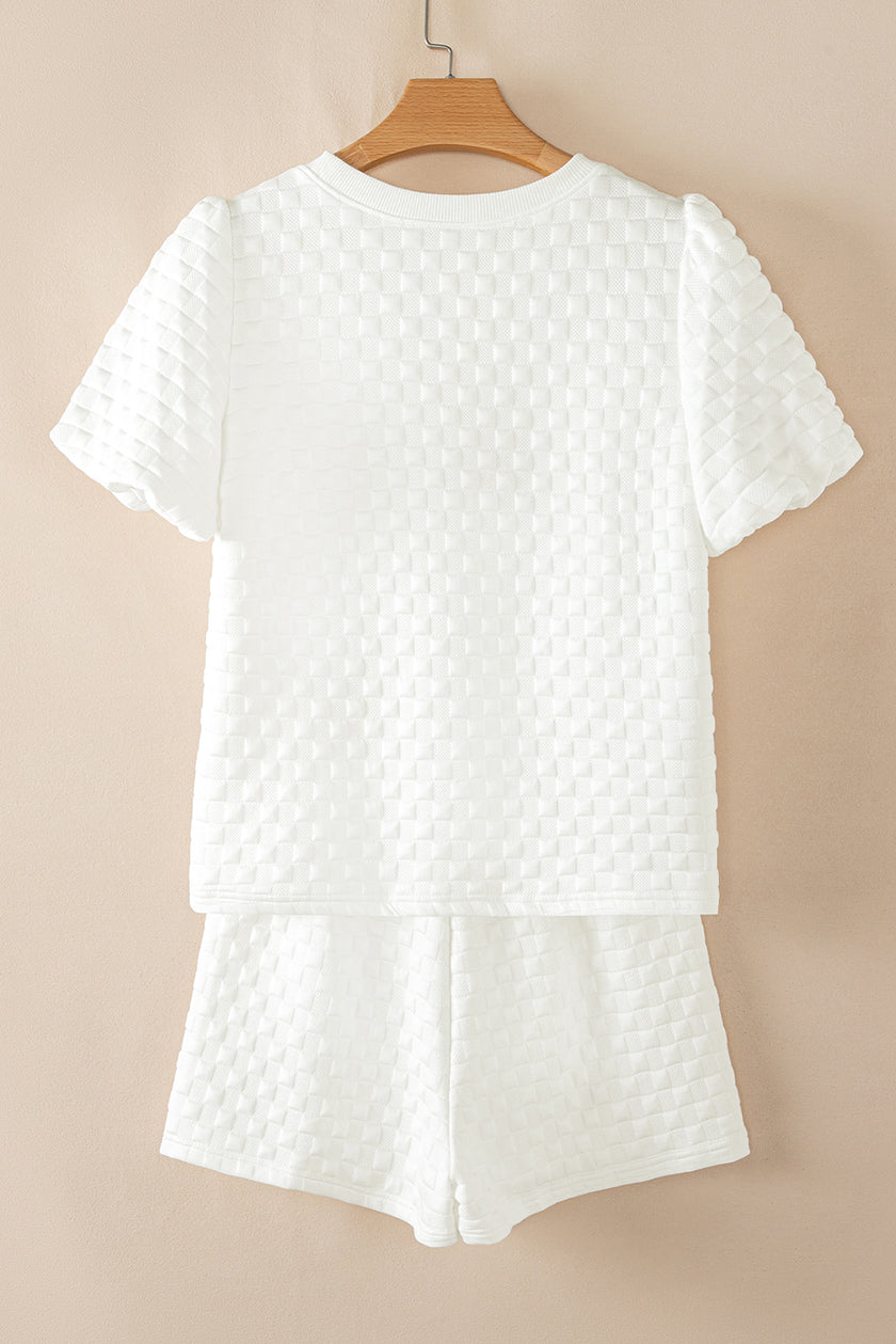 White Solid Color Checkered Texture Short 2pcs Outfit