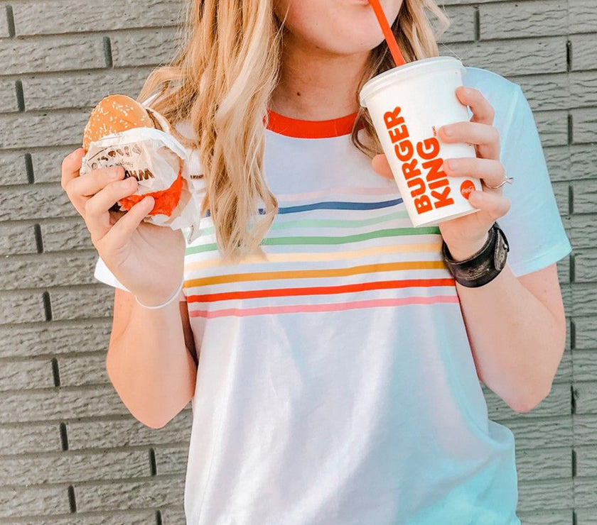 White Rainbow Stripe Print Contrast Crewneck T Shirt