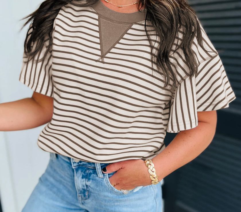 Parchment Contrast Detail Striped Ruffle Short Sleeve Top