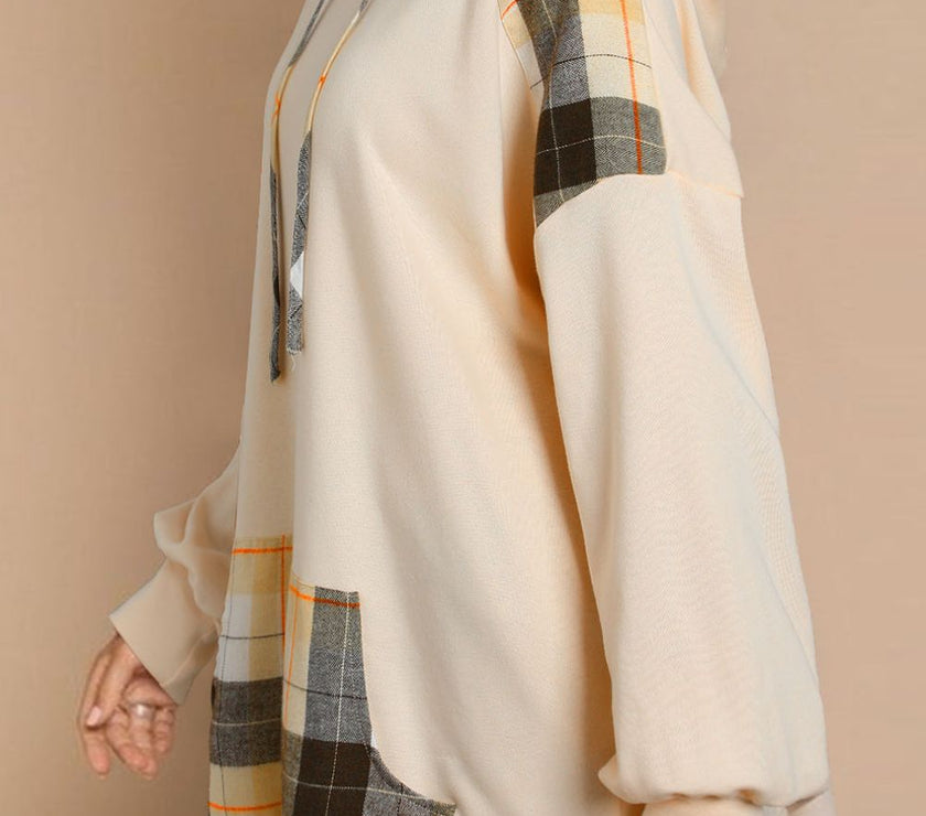 Drawstring Plaid Long Sleeve Hoodie
