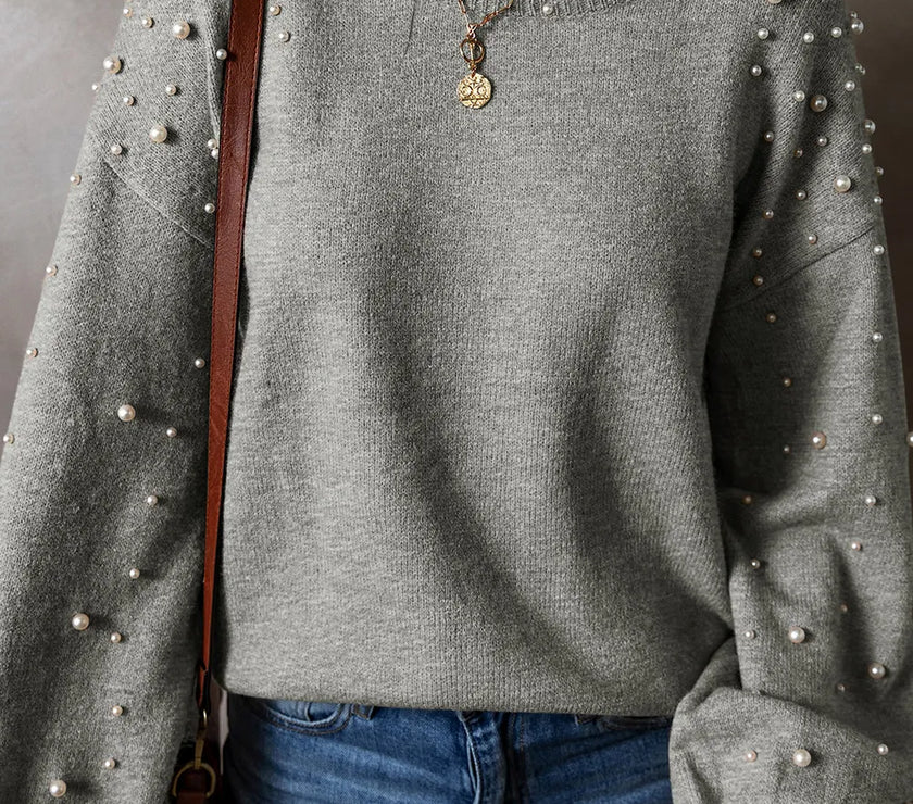 Pearl Detail Round Neck Long Sleeve Sweater
