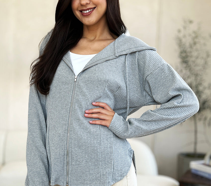 Culture Code Full Size Ribbed Zip Up Drawstring Hooded Jacket