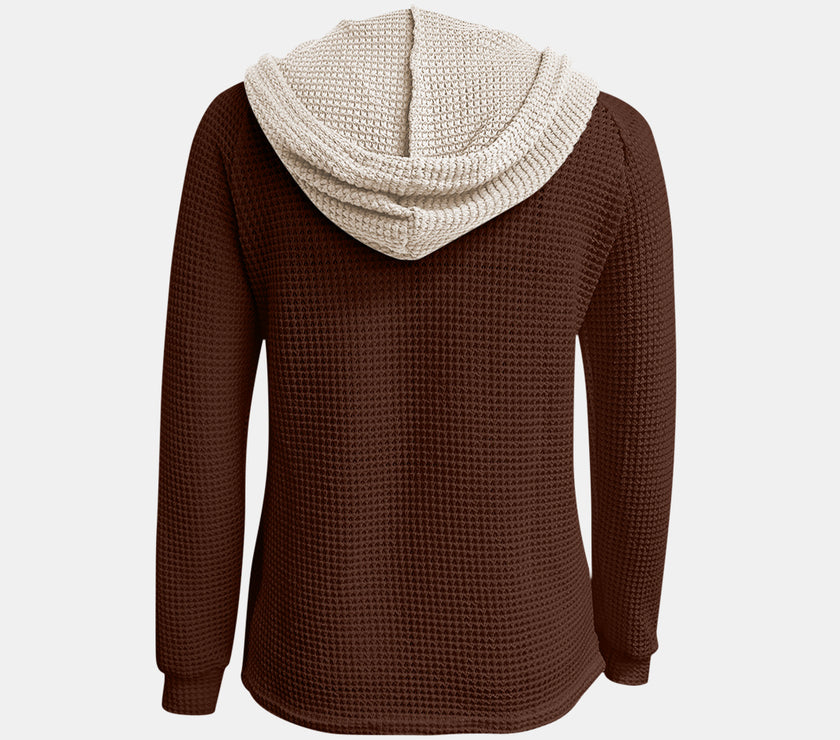 Full Size Waffle-Knit Contrast Long Sleeve Hoodie