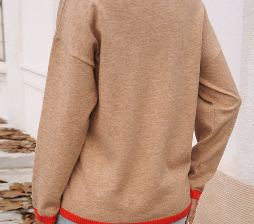 Devine Contrast Trim V-Neck Dropped Shoulder Sweater